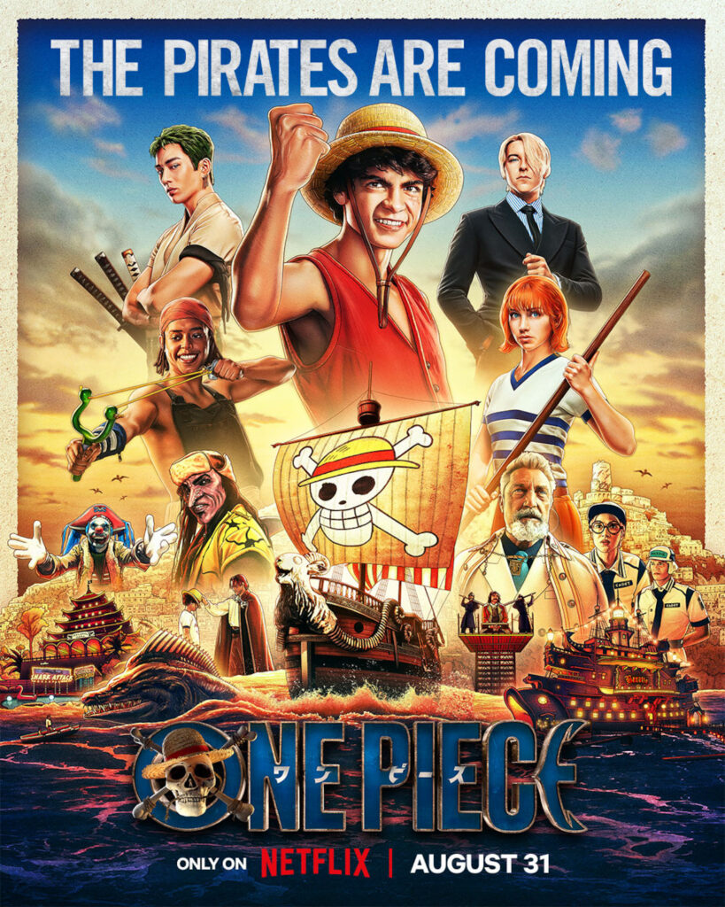 Poster featuring the main cast of the epic pirate adventure saga. Left to right: Monkey D. Luffy (Iñaki Godoy), Roronoa Zoro (Mackenyu), Nami (Emily Rudd), Usopp (Jacob Romero), and Sanji (Taz Skylar).
A captivating poster showcasing the iconic Straw Hat Pirates crew from One Piece. At the forefront, Monkey D. Luffy, the daring captain, dons his signature straw hat. Surrounding him are his steadfast crewmates, including Nami, the skilled navigator, Zoro, the swordsman, and Sanji, the talented chef. This dynamic poster also features Usopp, the sharpshooter, Chopper, the cute doctor, Robin, the archaeologist, Franky, the cyborg shipwright, Brook, the skeletal musician, and Jinbei, the fish-man helmsman. This poster captures the essence of their exhilarating adventures on the high seas, setting new records on Netflix