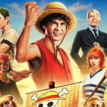 Poster featuring the main cast of the epic pirate adventure saga. Left to right: Monkey D. Luffy (Iñaki Godoy), Roronoa Zoro (Mackenyu), Nami (Emily Rudd), Usopp (Jacob Romero), and Sanji (Taz Skylar).