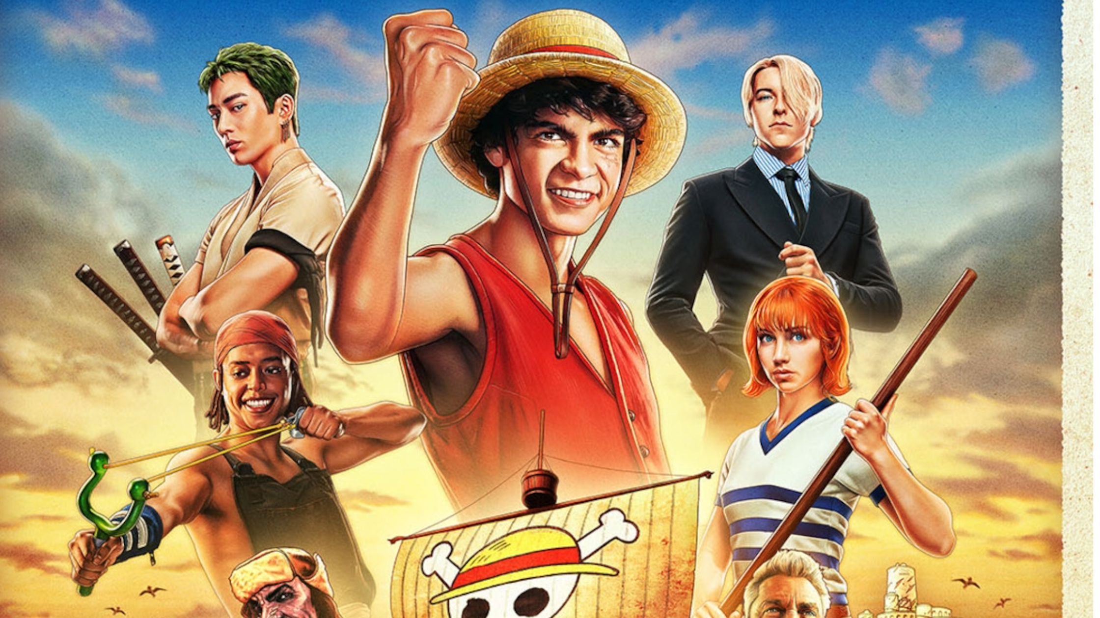 Poster featuring the main cast of the epic pirate adventure saga. Left to right: Monkey D. Luffy (Iñaki Godoy), Roronoa Zoro (Mackenyu), Nami (Emily Rudd), Usopp (Jacob Romero), and Sanji (Taz Skylar).