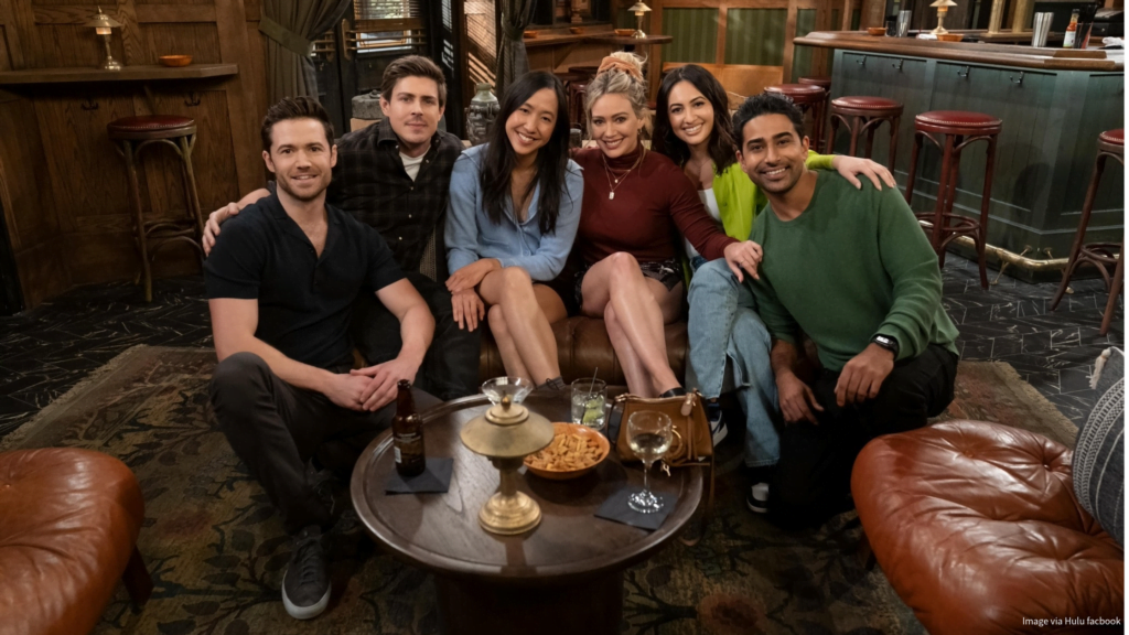 Main Cast of Series - Hilary Duff as Sophie, Chris Lowell as Jesse, Ashley Reyes as Hannah, and Tom Ainsley as Charlie, sitting on a sofa, showcasing the chemistry and dynamic characters of the show